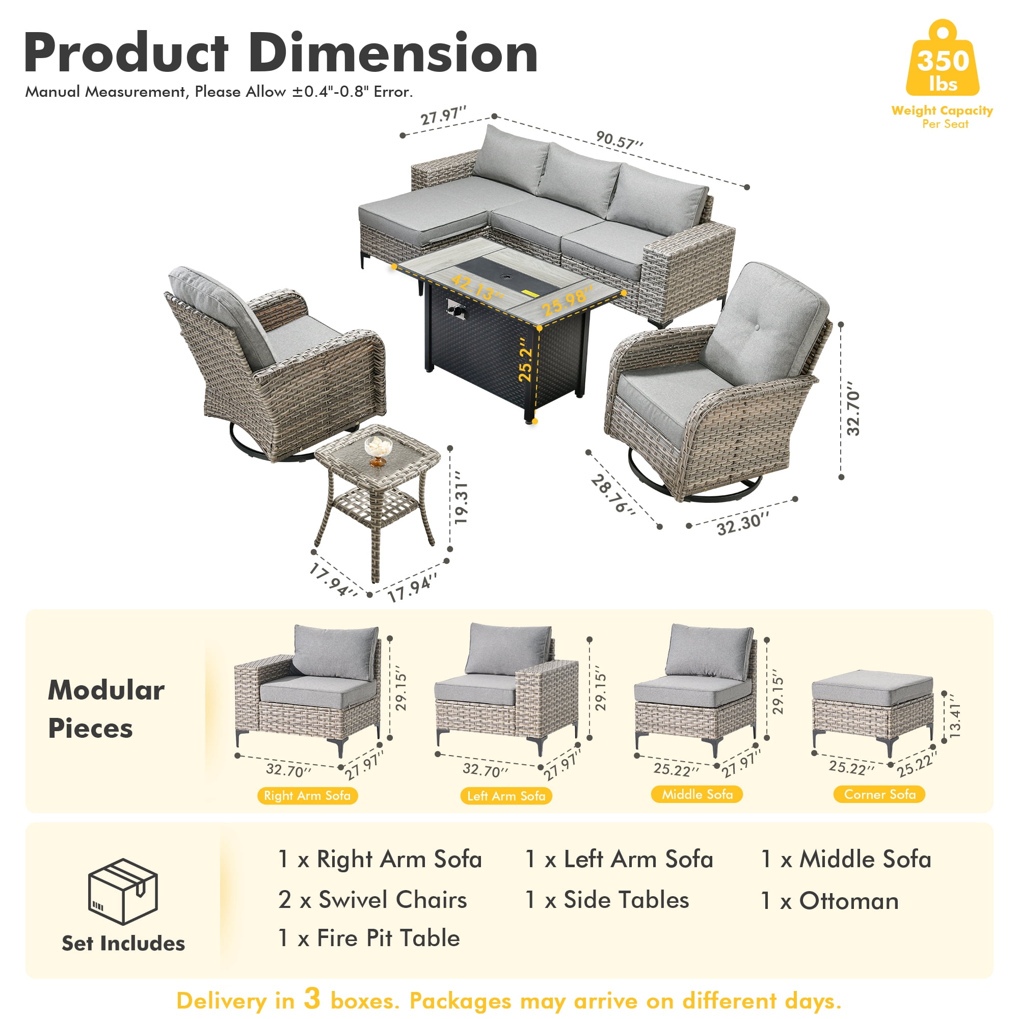 XIZZI Patio Furniture Outdoor Conversation Set with Wide Armrests, Wicker Rattan Patio Outdoor sectional with Firepit Table and Swivel Rocking Chair,Dark Grey