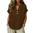thumbnail image 2 of Hurxie Womens Puff Short Sleeve Sweater Tops Ruffle Henley Neck Spring Summer Pullover Dressy Casual Knit Shirts Brown,2XL, 2 of 7