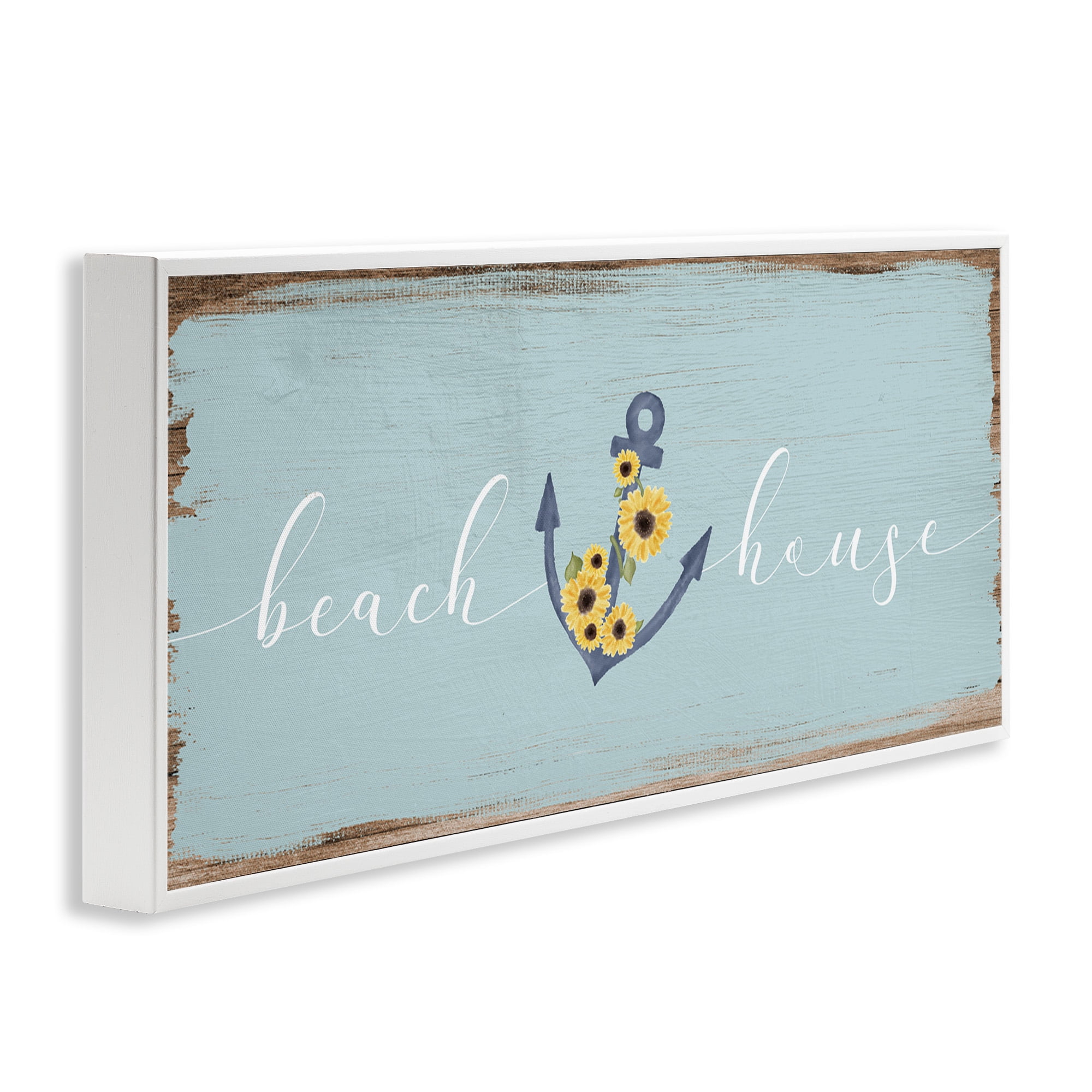 Stupell Industries Beach House with Floral Anchor Nature Painting White Framed Art Print Wall Art, 30 x 13