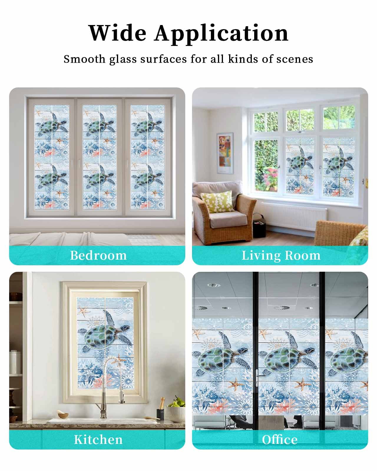 Window Privacy Film Coastal Ocean Turtle Stained Glass Window Film Decorative Sun Block Window Cover Nautical Starfish Coral Wooden Grain Window Clings Static Adhesive Sticker for Bathroom 23.6"x59"