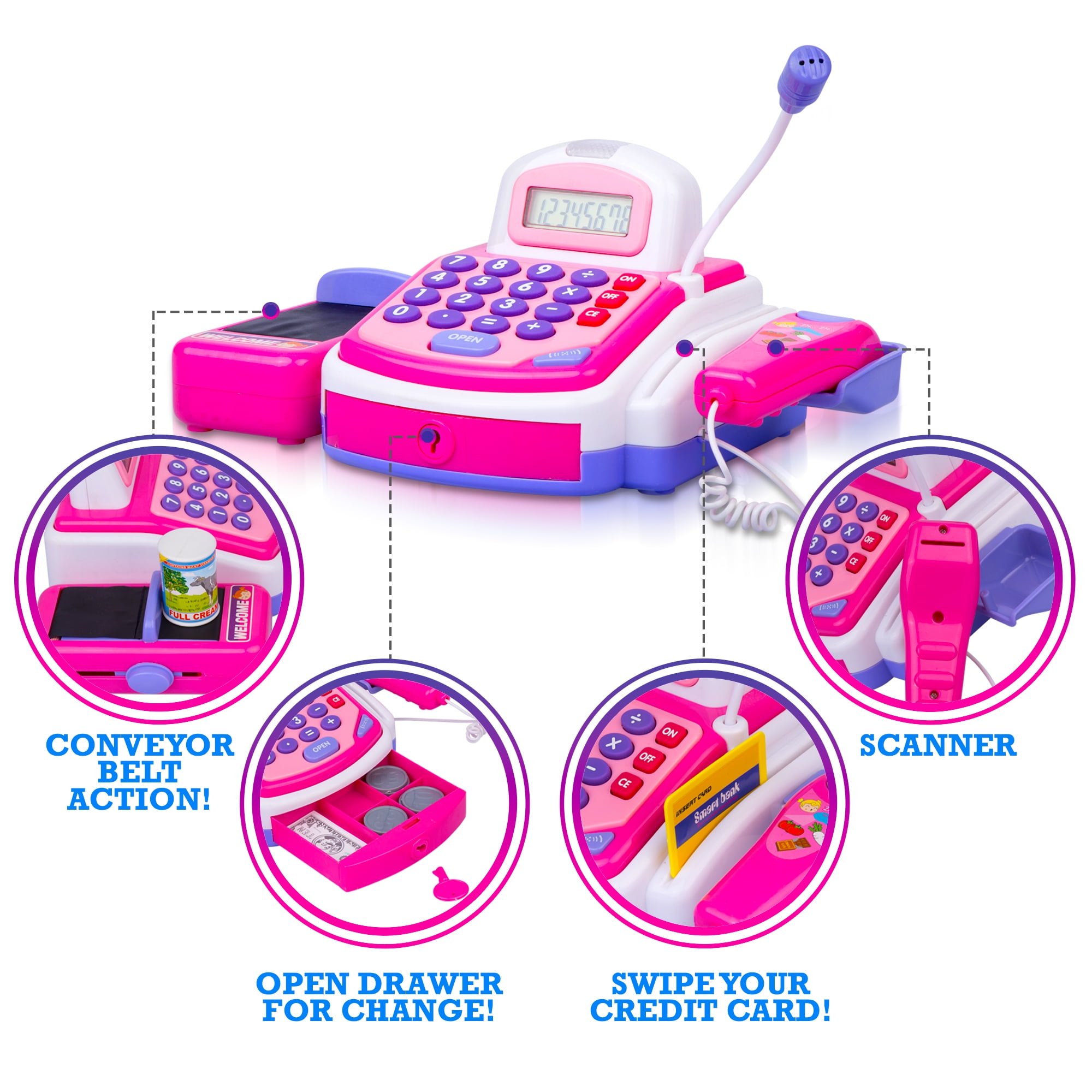 Deluxe toy cash register with conveyor belt & scanner outlet