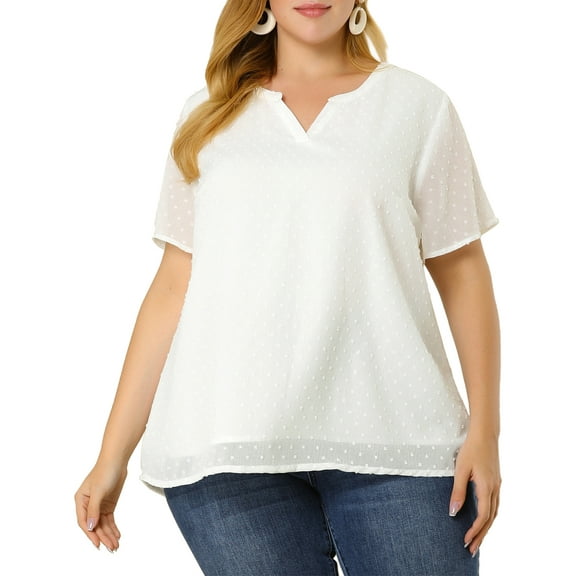 Unique Bargains Women's Plus Size Outfits Fashion Solid Pin Dots V Neck Top 1X White