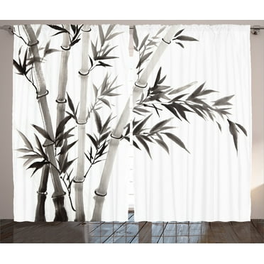 Ambesonne Asian Themed Curtains 2 Panel Set, Traditional Leaves, 108" x 96", White and Grey
