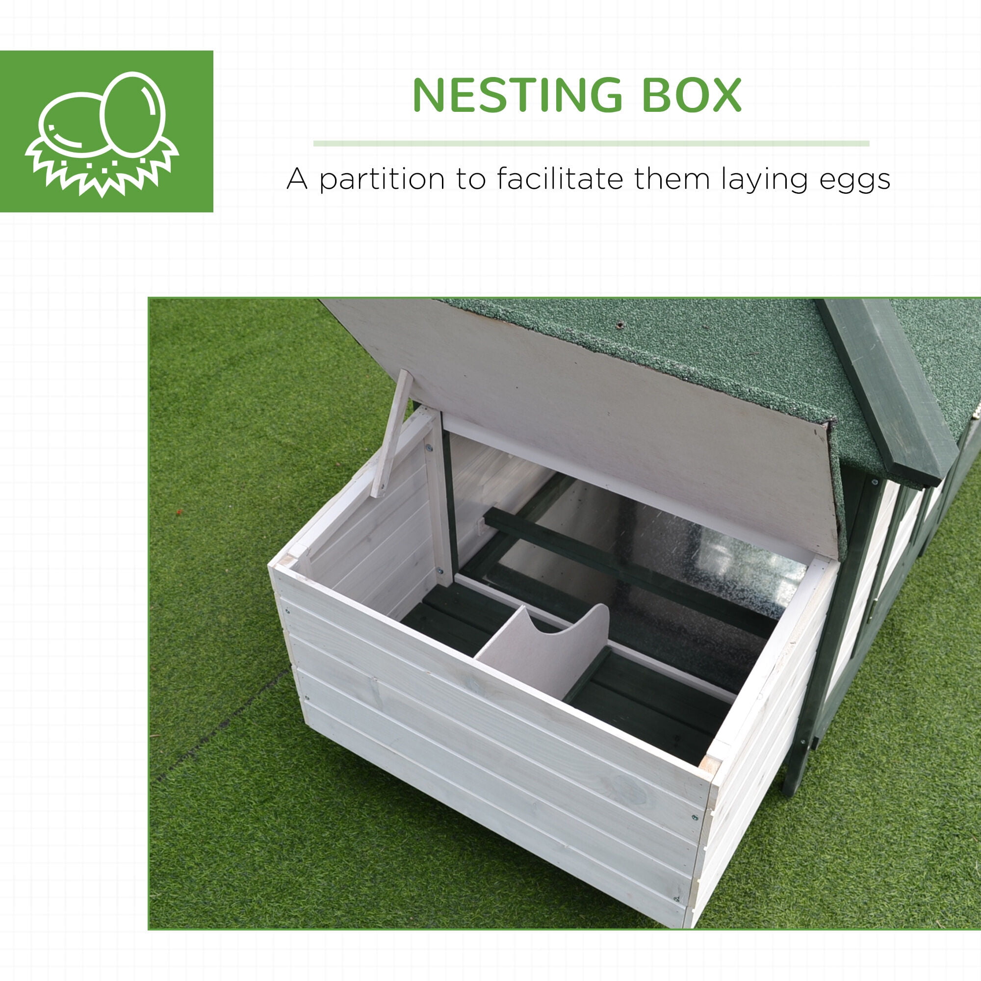 Dog Crate, PawHut 77" Wooden Chicken Coop with Nesting Box, Cute Outdoor Hen House with Removable Tray, Ramp Run, for Garden Backyard, Green, White Pet Playpen,Wood Chicken Coop