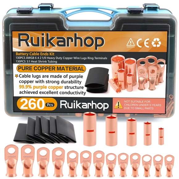 Ruikarhop 130 Pcs Kit d'Extrémités de Câble de Batterie, AWG8 6 4 2 1/0 Cosses de Fil de Cuivre Robustes Bornes Anneau , BN8-BN60 Connecteurs Non Isolés