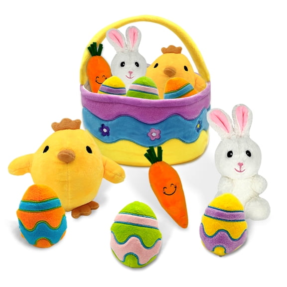 7 Pcs Easter Basket Plush Playset with Bunny Chick Eggs Carrot, My First Easter Bakset Stuffers Toys Gifts Prefilled w/ Animals for Baby Toddler Kids Boys Girls