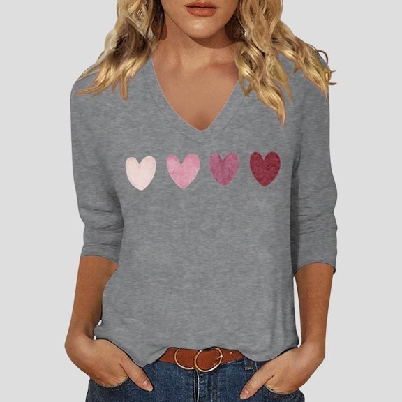 Women's Casual Printed Three Quarter Sleeve Blouse V-Neck Relaxed Top for Daily Outfits