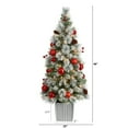 thumbnail image 2 of Nearly Natural 4ft. Winter Flocked Artificial Christmas Tree Pre-Lit with 50 LED Lights and Ornaments in Decorative Planter, 2 of 10