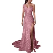 RYRJJ Sequin Mermaid Prom Dresses for Women Formal Sparkly Coaktail Bodycon Evening Maxi Dress One Shoulder Wedding Party Gown(Pink XL)