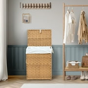 edx Laundry Basket with Lid, 90 L Hand-Woven PP Rattan Laundry Basket with Handle, Foldable, Removable Liner, Natural