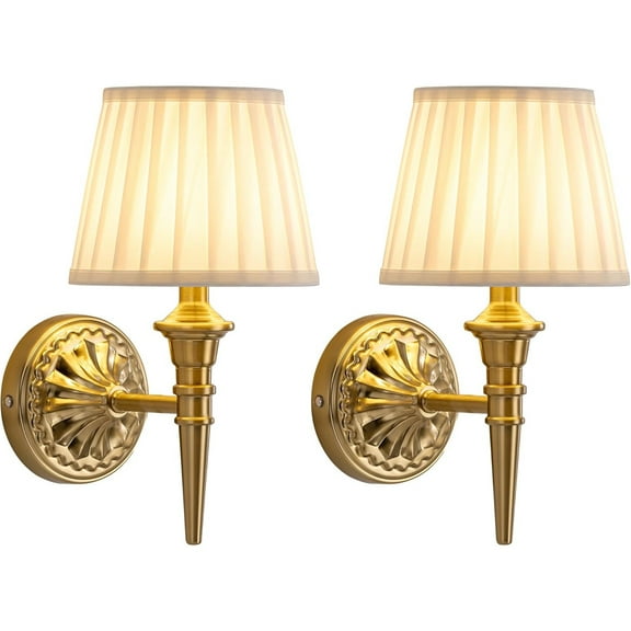 Cordless Wall Sconces Set of 2, Small Wireless 5200mAh Rechargeable Battery Fabric LED Wall Lamps, Portables Lightings for Wall Painting, Living Room, Bedroom, Hallway, Gifts, Night Light (Gold)