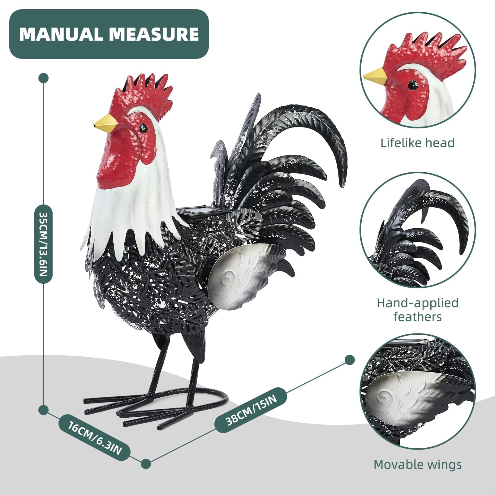 Metal Rooster Garden Decor — 15" Solar-Powered Outdoor Garden Statue, Metal Chicken Yard Art for Outdoor Porches, Patios, and Backyards