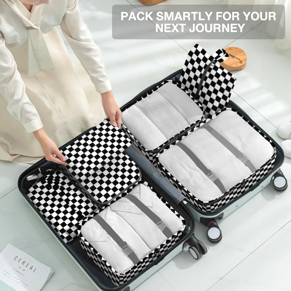 8 Set Packing Cubes for Suitcases,Packing Cube with Shoe, Cosmetics, Clothing, and Accessories Bags Packing Cubes for Travel Luggage Organizer Women Men(Black White Checkered)