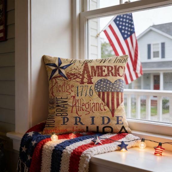 18x18 Inch Vintage Patriotic Throw Pillow Covers, Set of 4 Rustic USA Flag Decorative Pillow Cases for Couch Sofa 4th of July Independence Day Home Decor