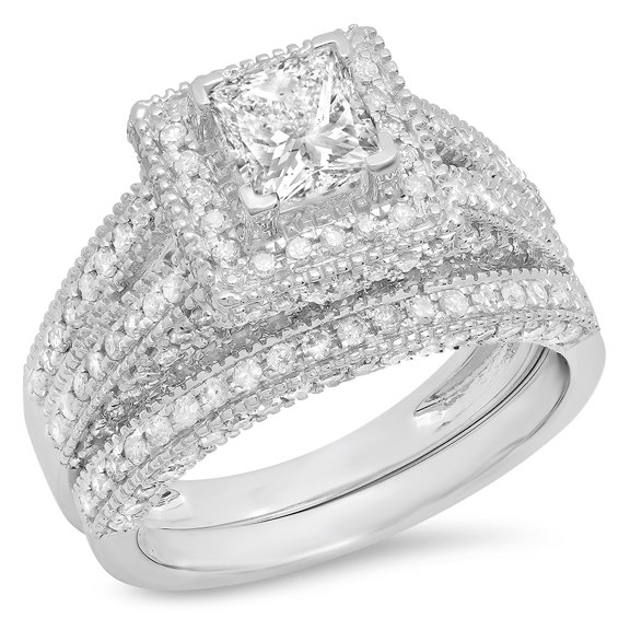 Dazzlingrock Collection 2.00 Carat (ctw) 14K Princess & Round White Diamond Engagement Ring Set, White Gold, Size 9.5