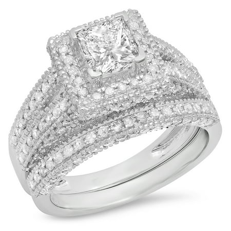 2.00 Carat (ctw) 14K Gold Princess & Round White Diamond Vintage Bridal Engagement Ring Set 2 CT