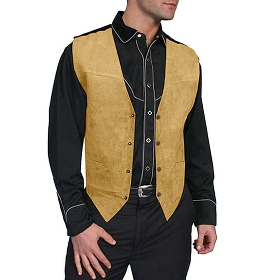 WNEGSTG Men's Vest Mens Gentlemens Ball Plays Suede Retro V Neck Solid Color Pocket Button Leather Vest Jacket Vest