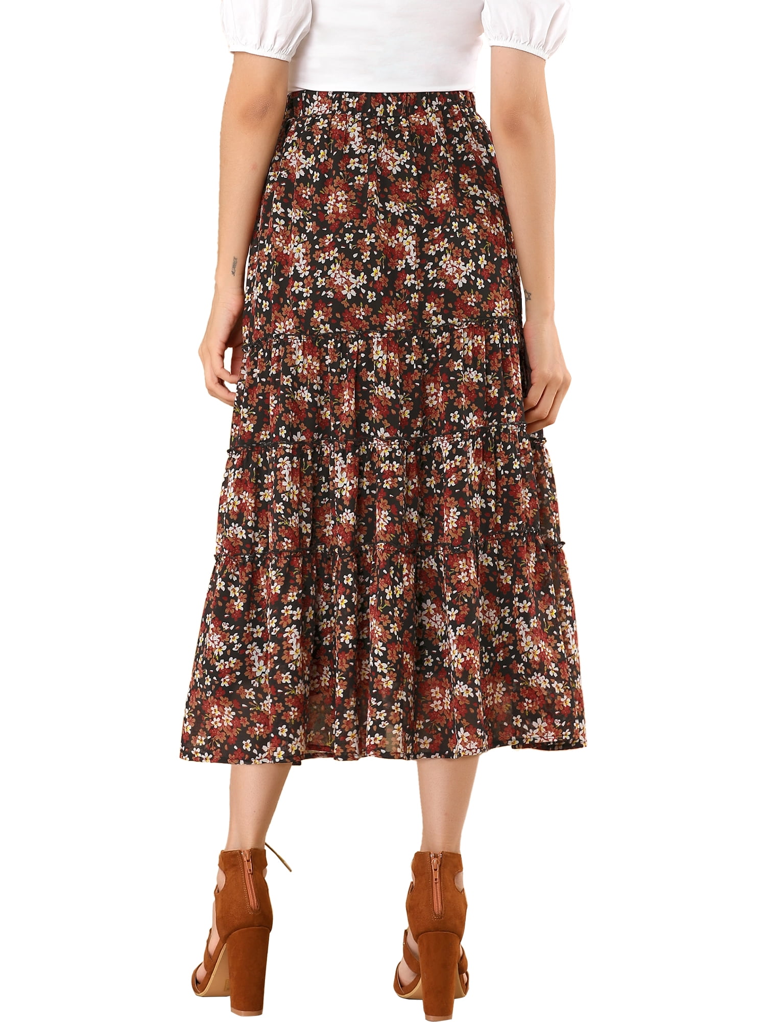 DARING DIVA Women's Chiffon Tiered A-Line Maxi Skirt 2XL Black Red