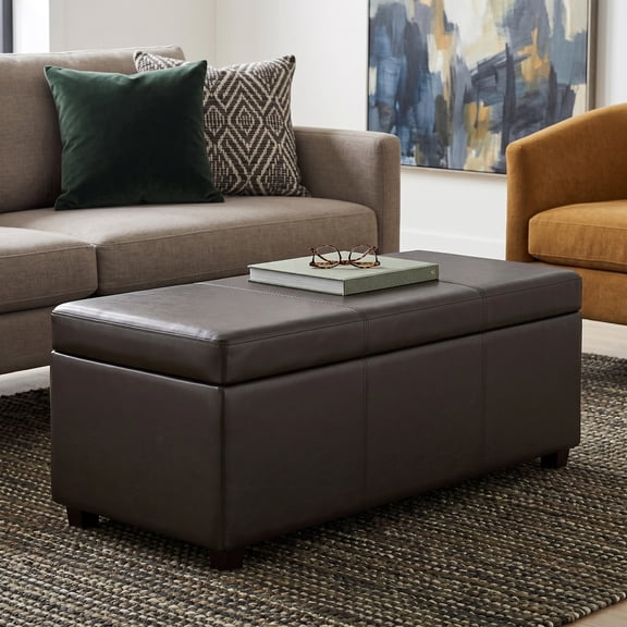 Simpli Home Avalon 44" Faux Leather Lift-Top Storage Ottoman in Tanners Brown