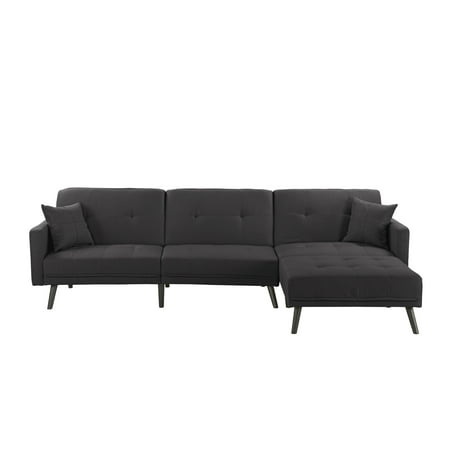 Black And Grey Sofa Modern Mid Century Linen Sofa Sleeper Futon Sofa, Living Room L Shape Sectional Couch with Reclining Backrest and Chaise, Black ()