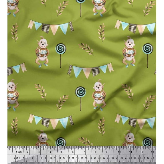 Soimoi Green Poly Georgette Fabric Monkey & Lollipop Party Print Fabric by the Yard 52 Inch Wide