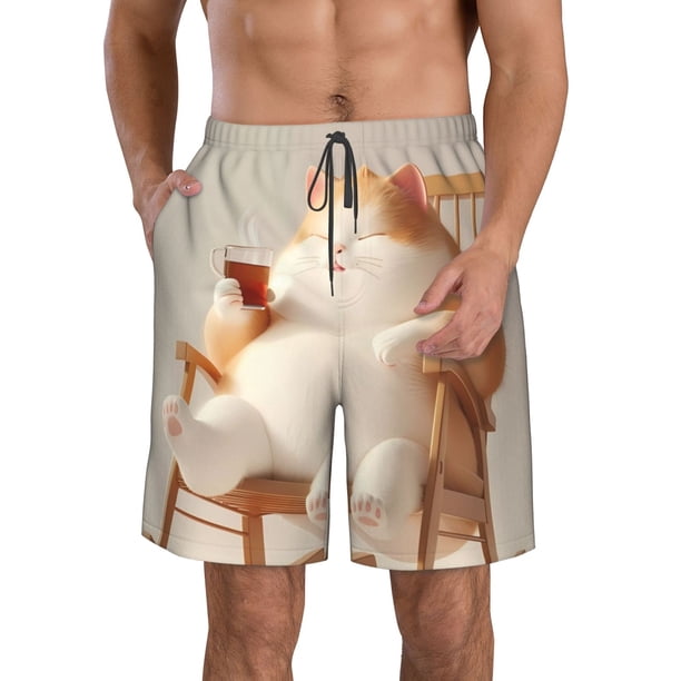 Fotbe Relaxing Cat With Tea Trajes de Baño Estampados para Hombre, Shorts de Verano de Secado Rápido, Ropa de Playa, Bañadores-3X-Large