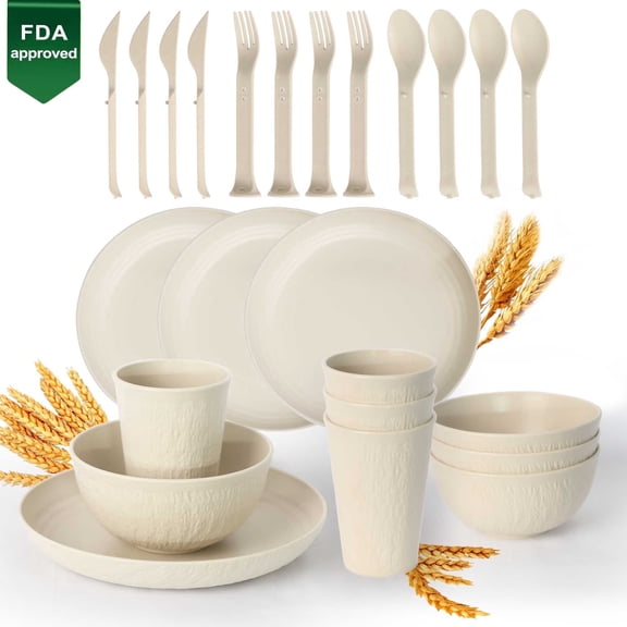 LEFINITO 24 Pcs Wheat Straw Dinnerware Set,Unbreakable plates and bowls sets, Lightweight Travel Camping Dish Sets,Microwave Dishwasher Safe,White