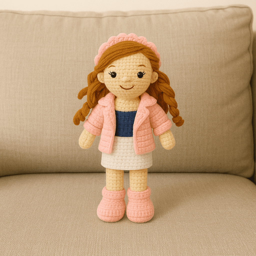 Handmade Crochet Girl Doll – Woolen Plush in Pink Jacket, White Skirt & Headband | Stylish Soft Toy for Kids & Gifting