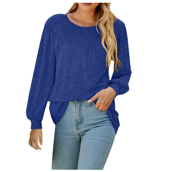 ylioge Long Sleeve Shirts for Women, Womens Crewneck Sweatshirt Puff Sleeve Pleated Pullover Casual Loose Solid Color Tops Blouses Shirts Fall