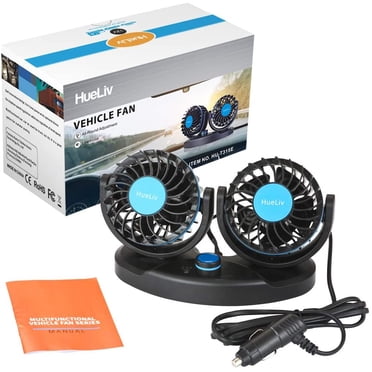 Hueliv Car Fan 12V, Dual Head Electric Cooling Fan with 360 Degree Rotation Low Noise Automobile Vehicle Fan for Car Truck Van SUV RV Boat