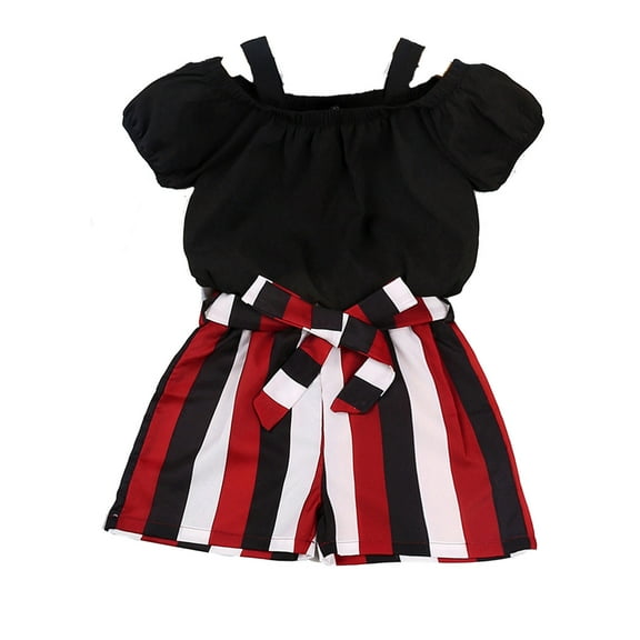 Fesfesfes Summer Girl's Suit Suspenders Short-sleeved Striped Shorts Two-piece Suit