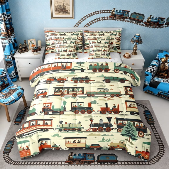 Castle Fairy Vintage Train Set Twin Bedding Sets 7-Piece for Boys, Retro Carriage Art Bedding Comforter Set for Bedroom, Red Teal
