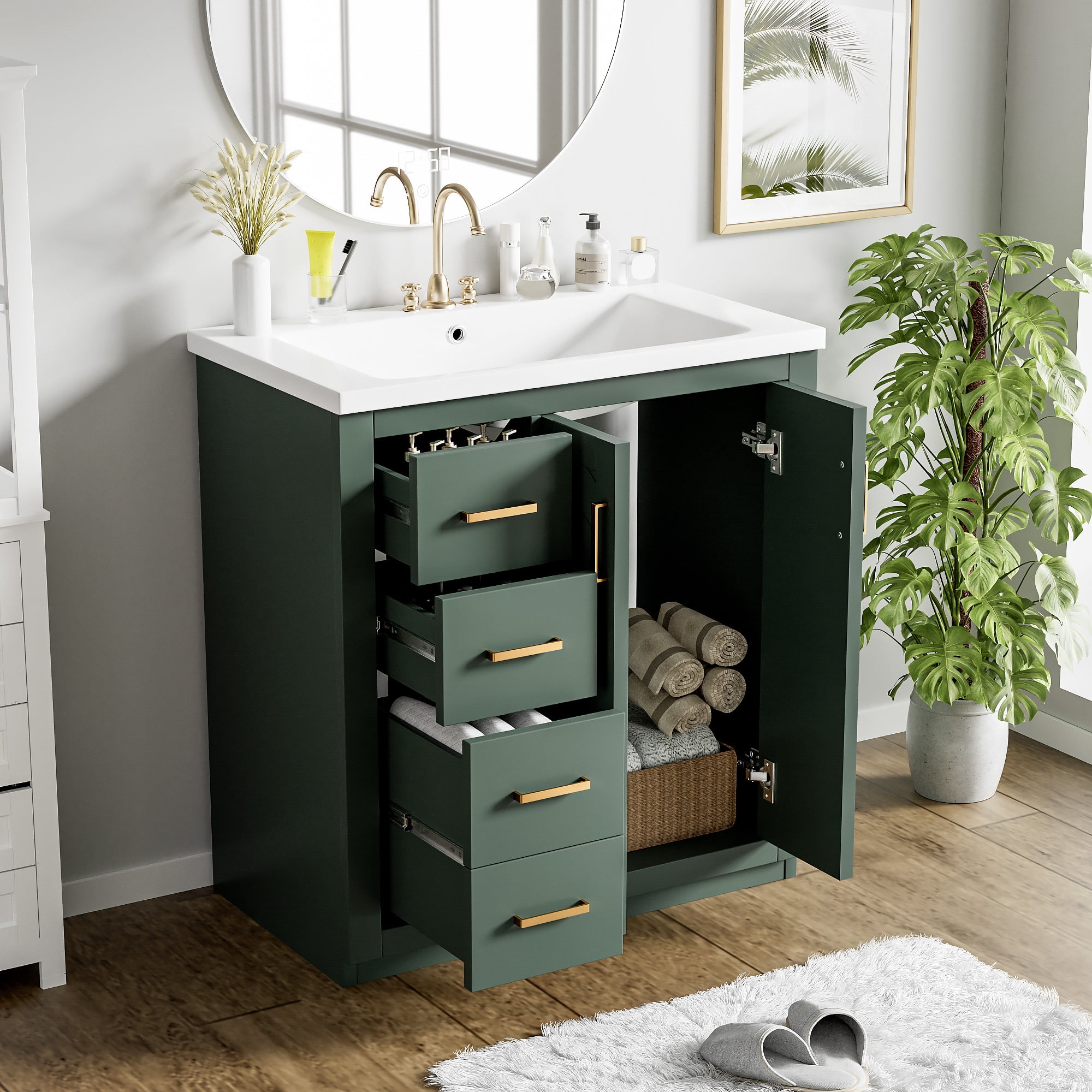 Euroco 30'' Bathroom Vanity with Ceramic Sink Combo,Solid Wood Frame Bathroom Storage Cabinet, Freestanding Vanity Set with 3 Drawers& Soft Closing Doors