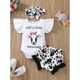 thumbnail image 2 of Infant Baby Girls Fly Sleeve Letter Printed Romper Tops+Printed Ruffled Shorts+Headband, 2 of 9