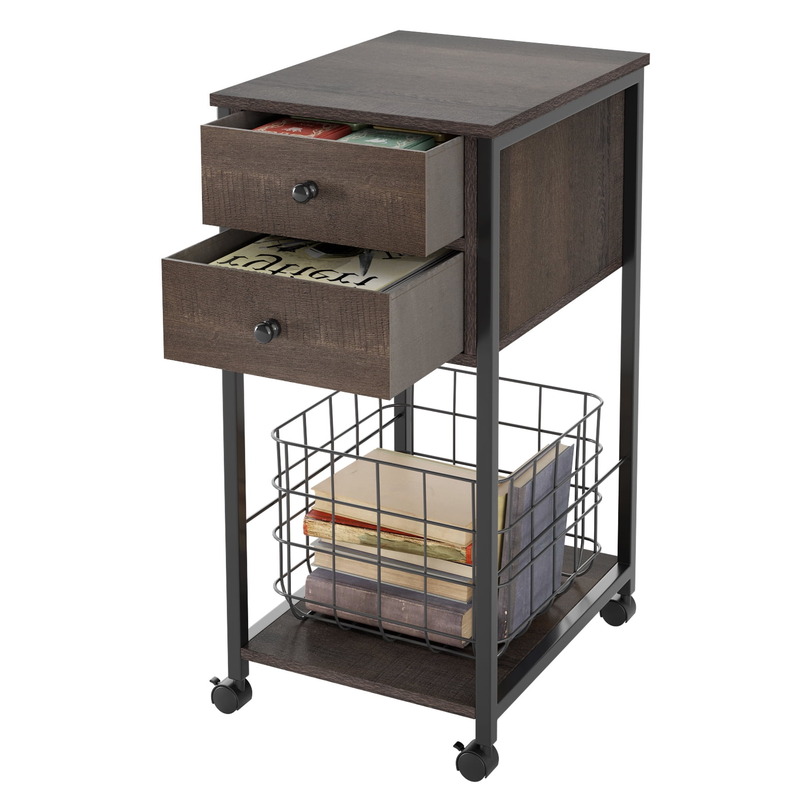 Homfa Industrial End Tables, Bedroom Nightstand with 2 Fabric Drawers