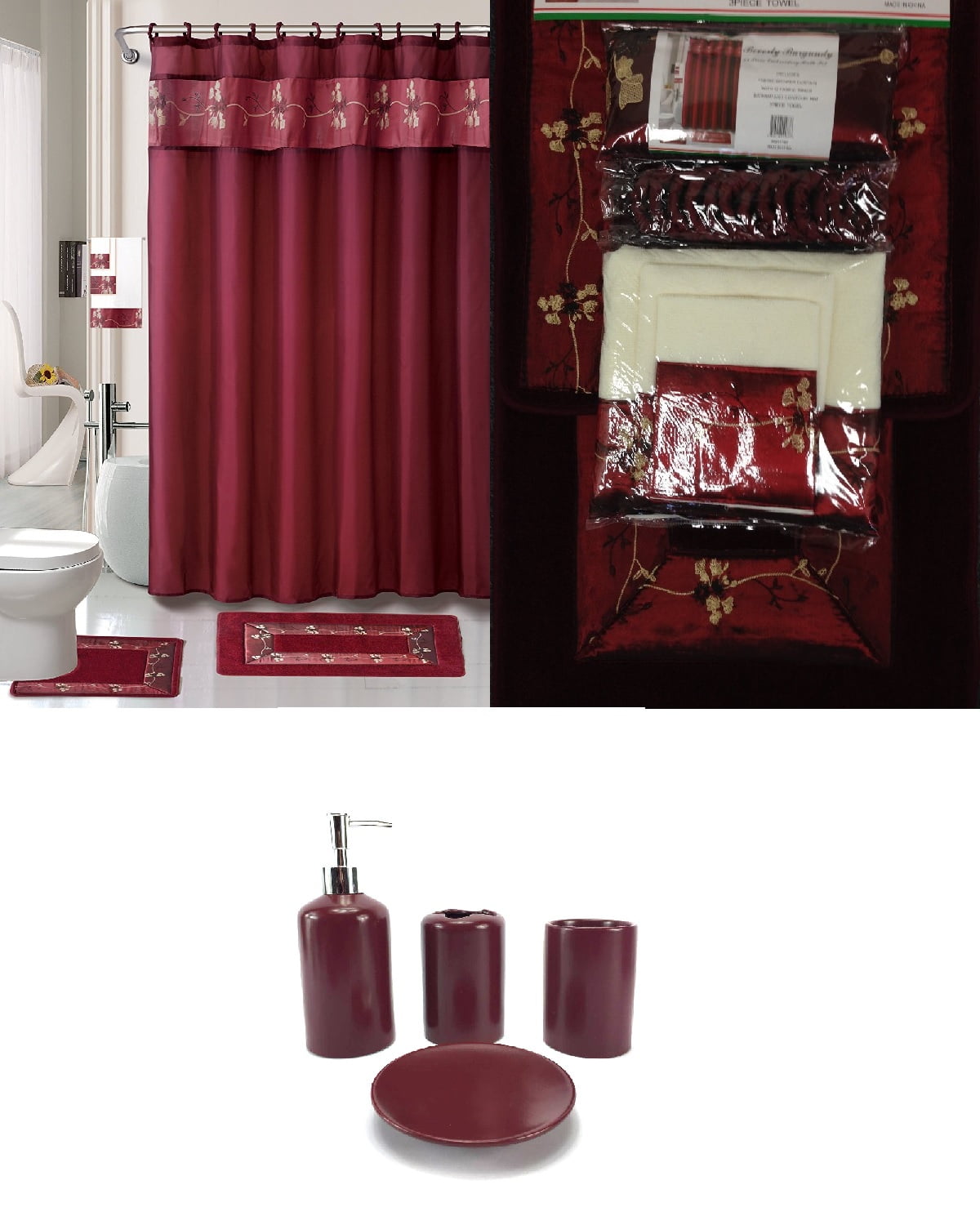 22 Piece Bath Accessory Set Burgundy Red Bath Rug Set