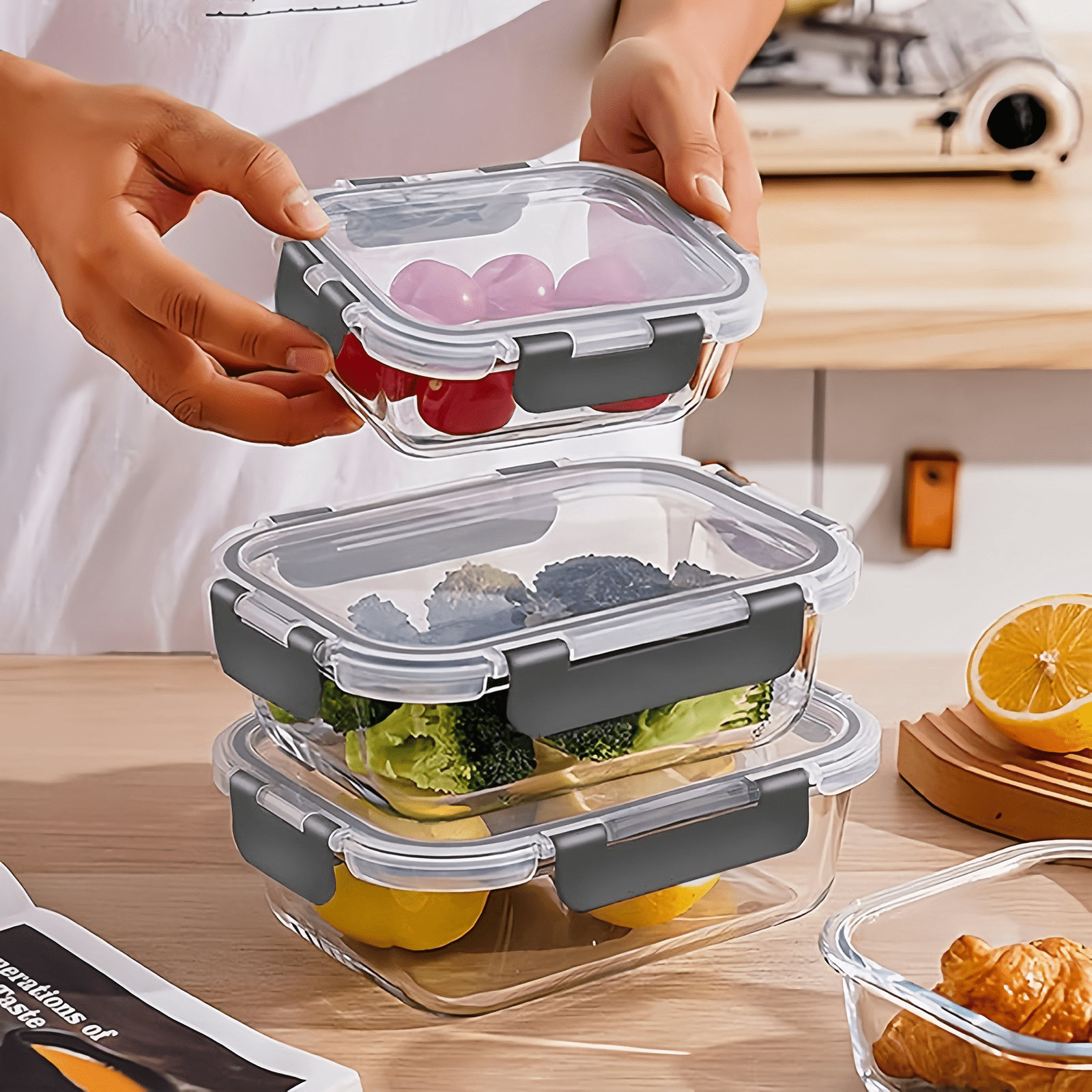stusgo 20 Pas Glass Storage Containers with Lids（5 x1040 ml, 5 x370 ml）, BPA Free，Reusable (10Pcs Grey)