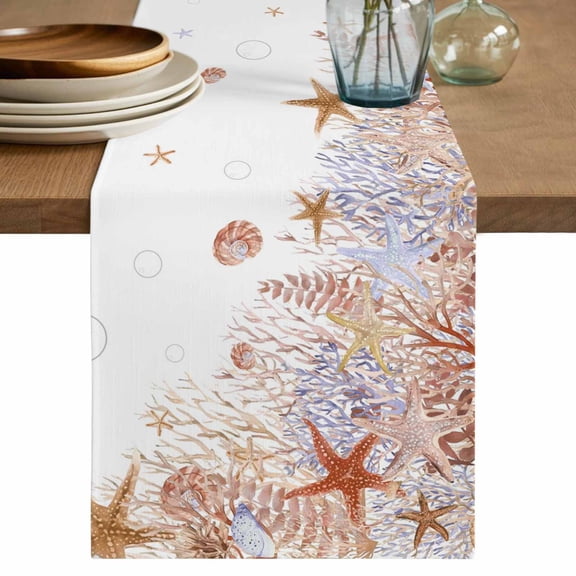 Orange Coastal Table Runner 72 Inches, Beach Nautical Coral Starfish Summer Bed Runner Dresser Scarves Tabletop for Indoor Outdoor Parties/Ceremony/Banquet, 16" x 72"