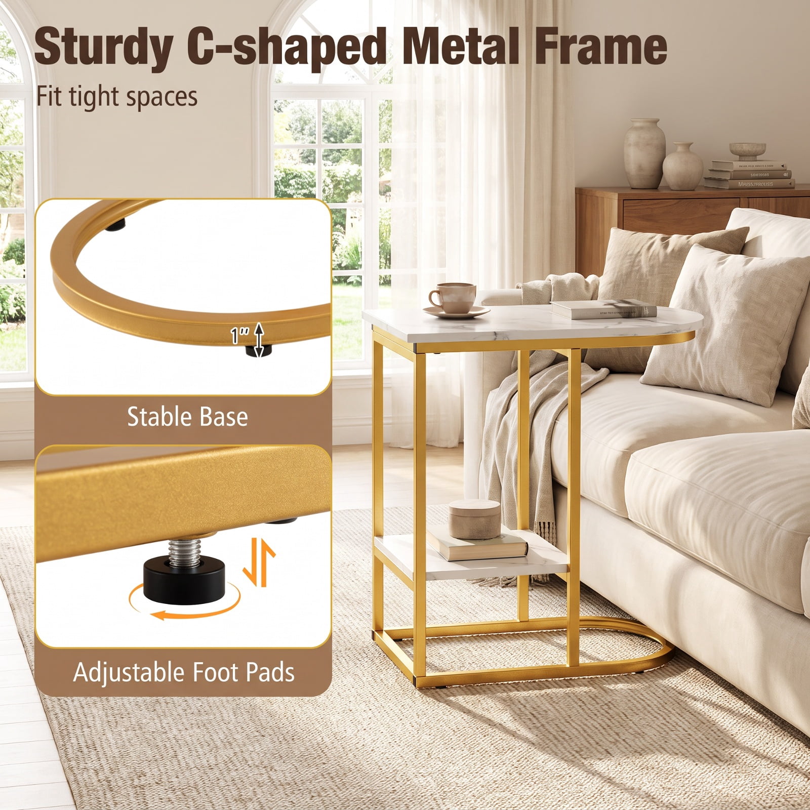 Furnibear C Shaped Modern Sofa Side Table Set of 2 with Faux Marble Tabletop and Two Tier Storage Shelf for Living Room and Bedroom, White