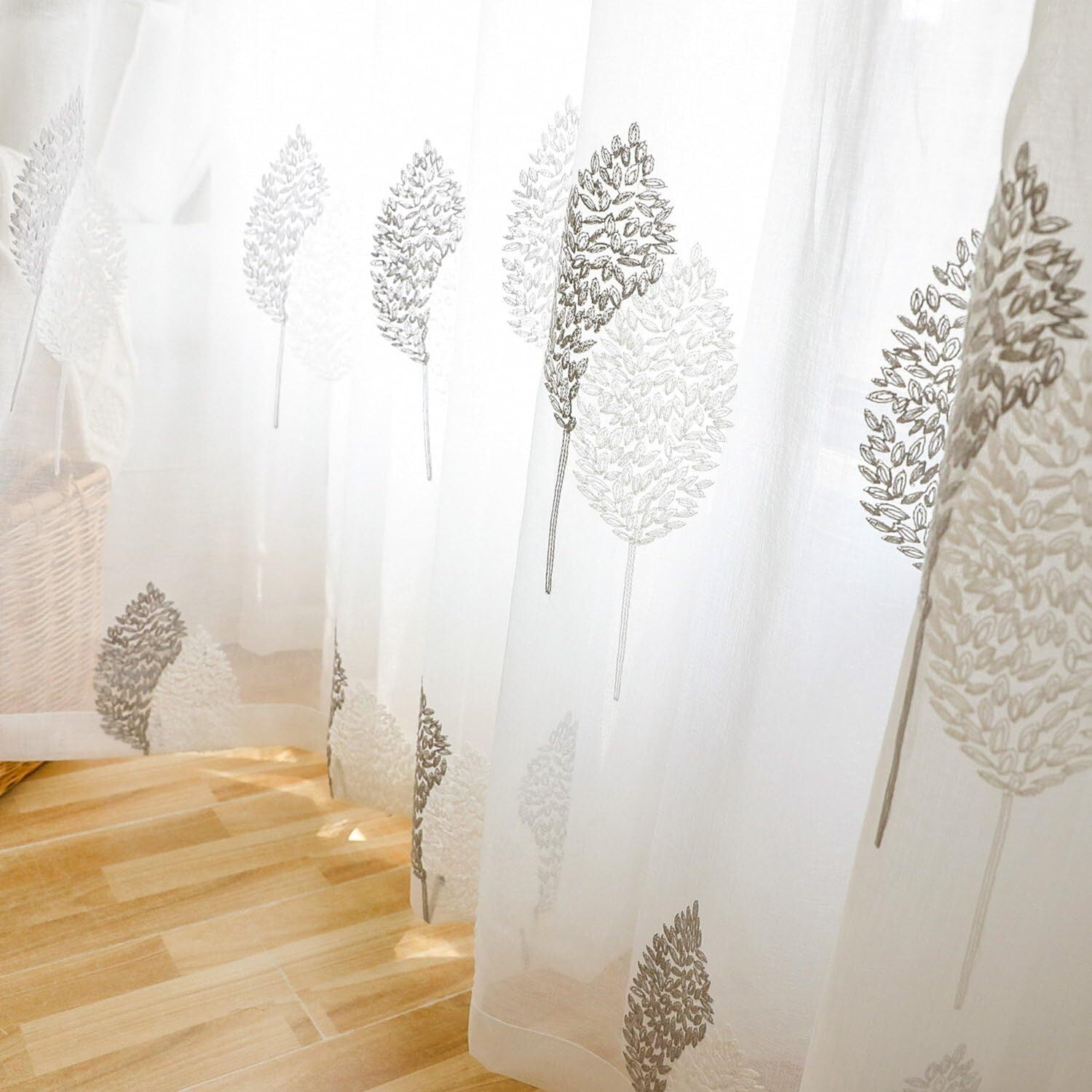 VOGOL White Sheer Curtains 63 inches Length, Leaves Embroidered Voile Sheer Panels for Living Room, Bedroom, 52x63, Set of 2, Rod Pocket