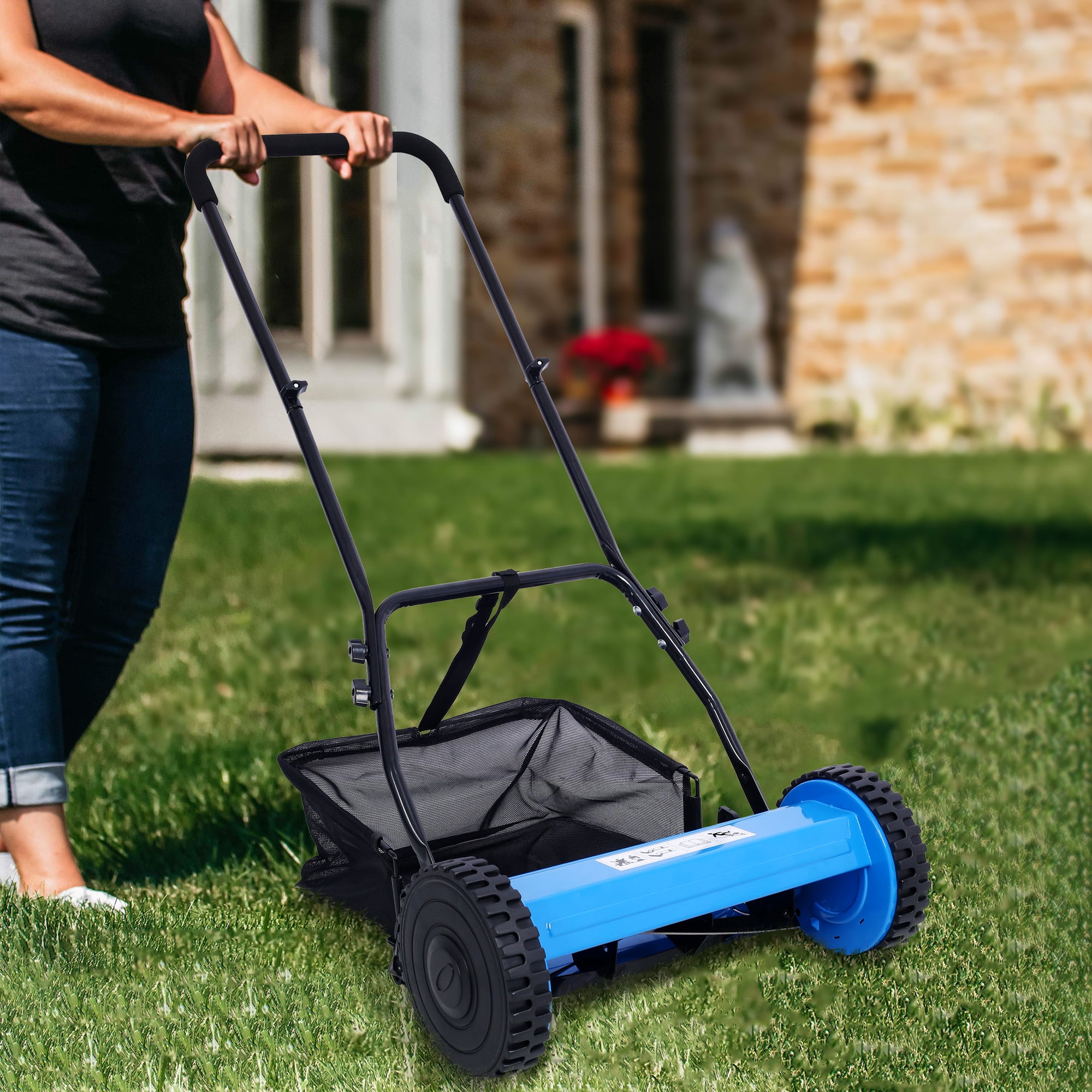 CASEMIOL 14" 5-Blade Manual Push Reel Lawn Mower with Grass Catche, Blue