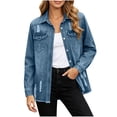 thumbnail image 3 of Women's Loose Fit Long Sleeve Button Lapel Pocket Cowboy Tops Solid Color Blouse Comfy Casual Daily Wear Weekend Outfits | CSEONE,Blue XL, 3 of 7