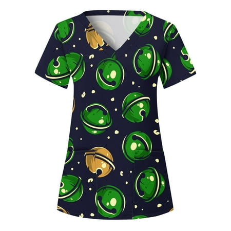 

Youmylove Women Scrubs Top V-Neck Christmas Printing Working Uniform Top Short Sleeve Pocket Nurses Clothing Workwear Female Clothes