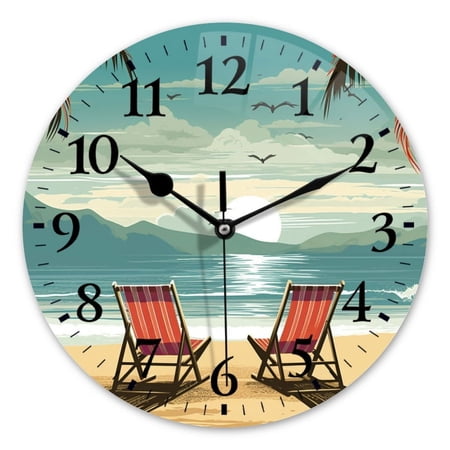 Non-Ticking Silent Wall Clocks Battery Operated Personalized Decor Clock for Bathroom,Office-Two Beach Chairs On The Sand Palm Trees And Mountains In The Background（10inch）