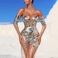 thumbnail image 1 of Vestido de verano para mujer, con lentejuelas y hombros descubiertos, sexy, de malla, con perspectiva, vestido de noche largo, 1 of 4