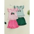 thumbnail image 3 of BemeyourBBs Toddler Baby Girls Summer Outfits Infant Baby Girl Clothes 1T 2T 3T 4T Tractor Embroidery Striped Fly Sleeves T Shirt Tops and Elastic Ruffles Shorts Set, 3 of 9