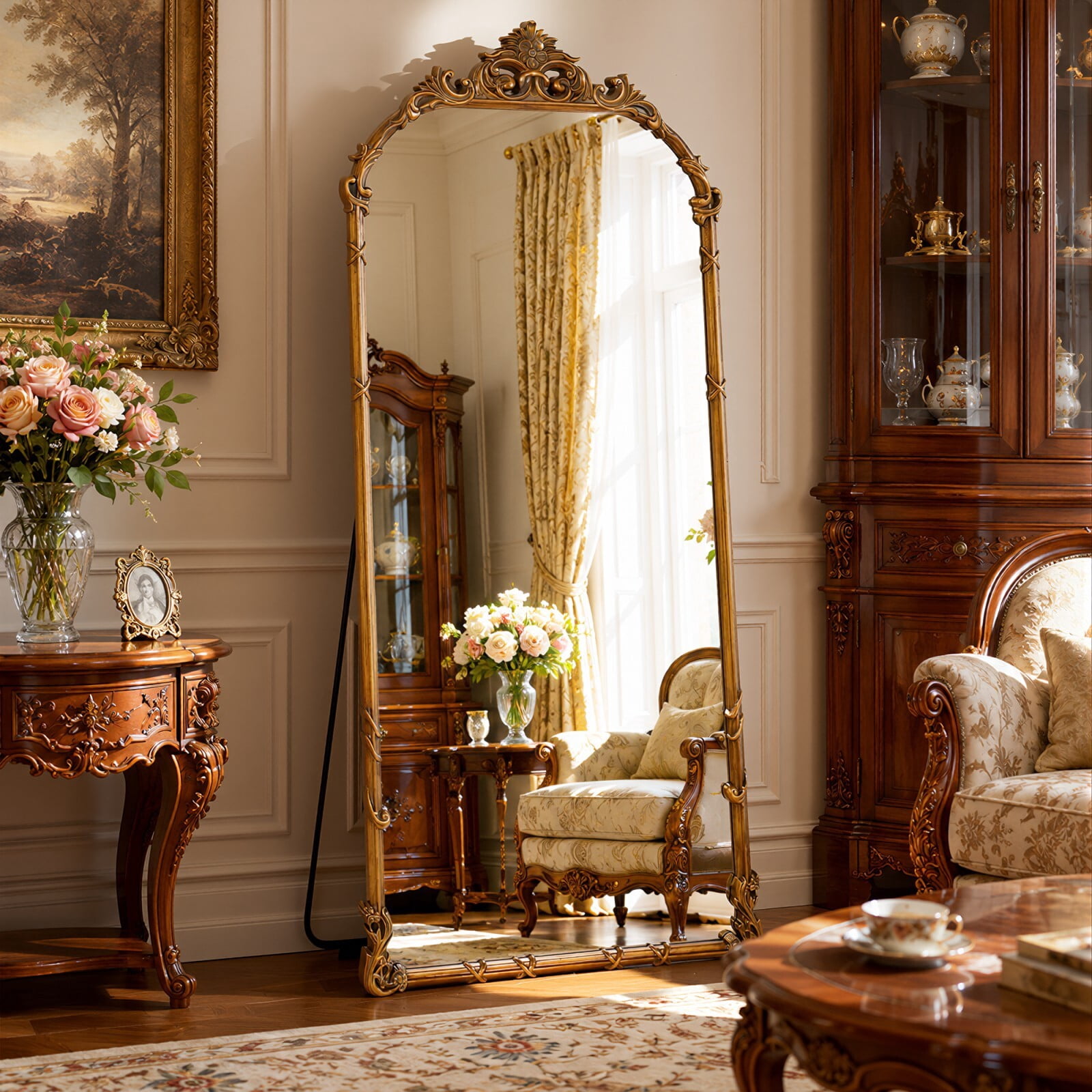 Easy4Home 71"x32" Arched Full-Length Floor Mirror Baroque Scroll Carved Standing Mirror, Antique Gold