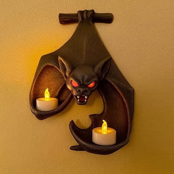 Halloween Hanging Bat Wall Candle Holder, Resin Bat Tealight Holder Wall Mount Decor, Spooky Bat Sculpture Wall Sconce for Gothic Home, Haunted House, Halloween Party Ornament