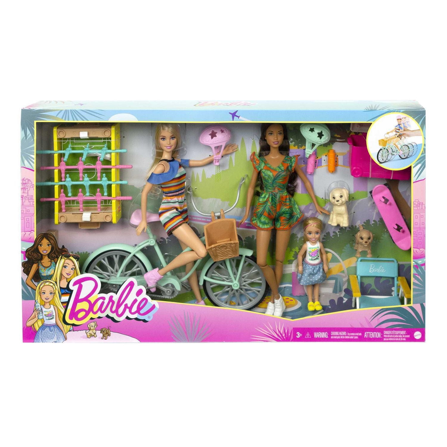 Barbie Backyard Fun Gift Set with 2 Barbie Dolls, Chelsea Doll, Pet Puppies, Bicycle, Skateboard, Game Table & Accessories