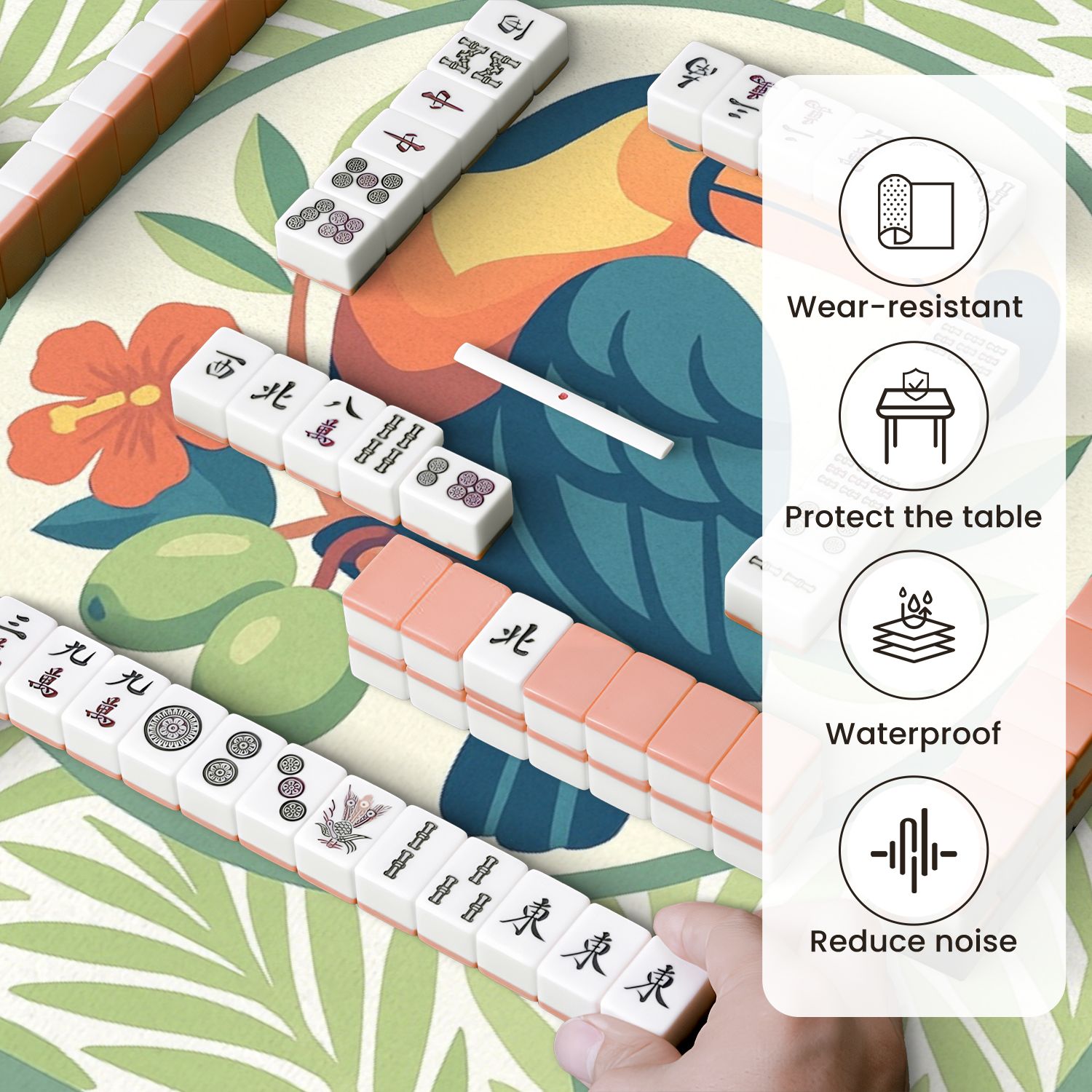 Mahjong Mat 31.5" x 31.5" Tropical Toucan Bird Vibrant Plumage Green Leaves Anti-Slip and Noise Reduction Symmetry Design Mahjong Tiles Table Cover for Dominoes Poker Card Board and Tile Games